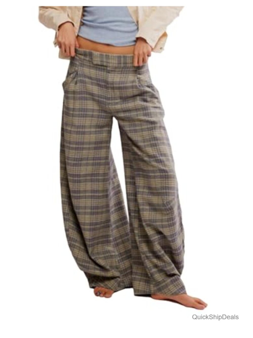 Women's Plaid Wide Leg Pants High Waisted Baggy Trousers Lounge Pants